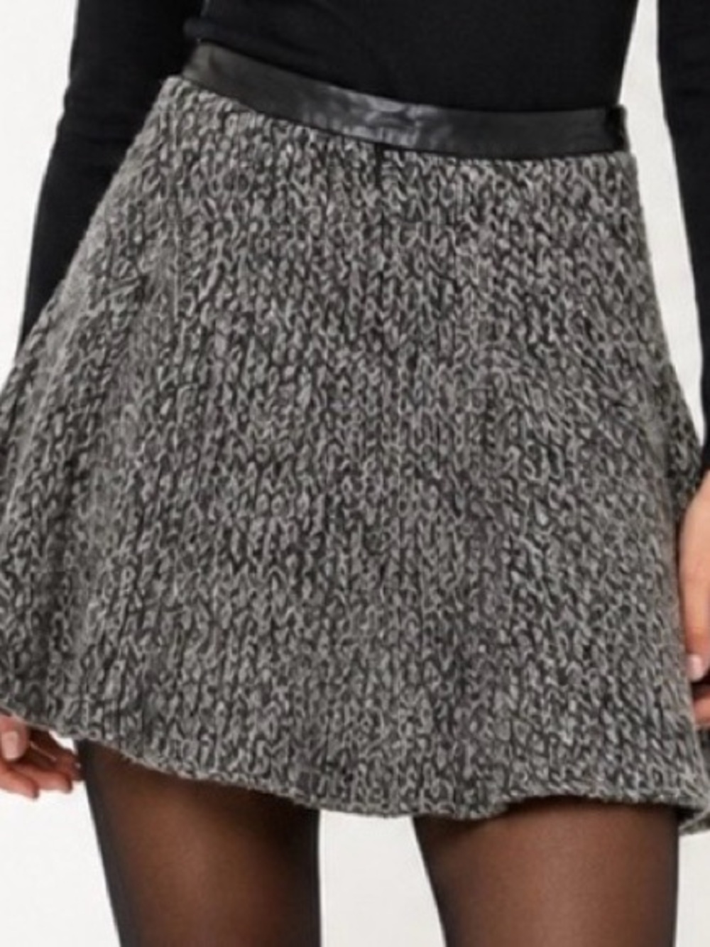 rag & bone Size 12 Gray Knit Flared Mini Skirt Genuine Leather Trim Lined Luxe
